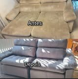 Sofá com tecido bege antes e tecido cinza novo depois