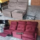 Sofá reclinável marrom antes e vinho depois da reforma